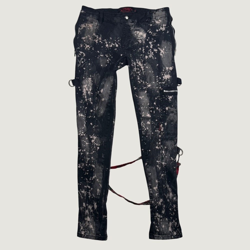 Tripp NYC Bondage Pants Mens Bleach Splatter Skinny Punk Zippers 32 Black